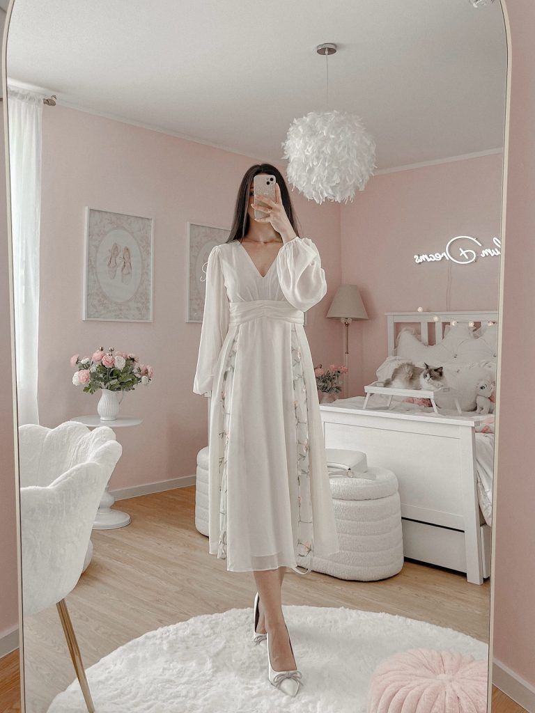 White V-Neck Embroidered Dress + Silver Bow Heels