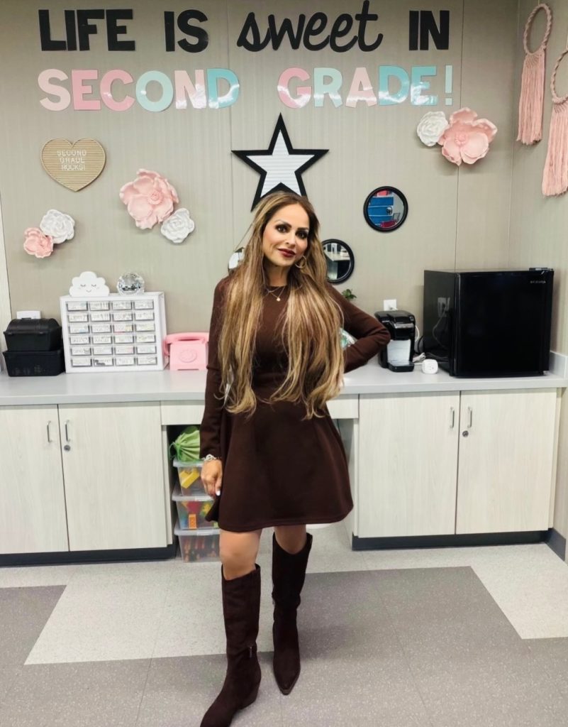 Brown Long-Sleeve Mini Dress + Brown Suede Boots