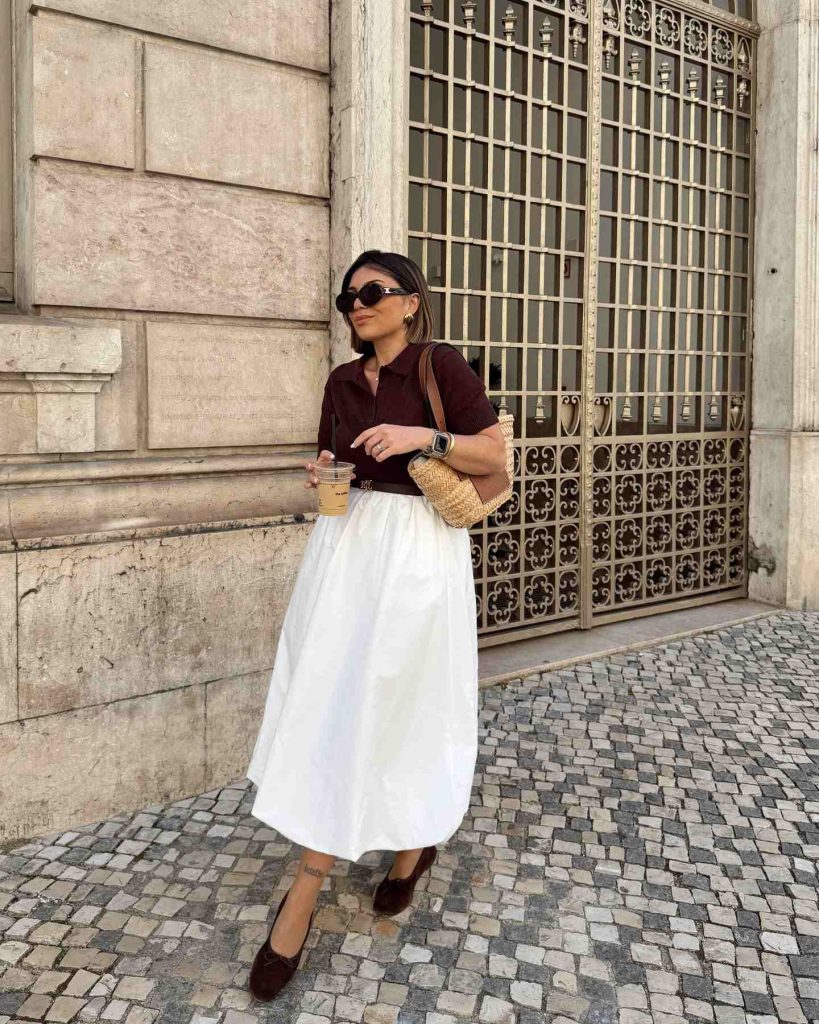  The Knit Polo + Poplin Midi Skirt + Velvet Flats