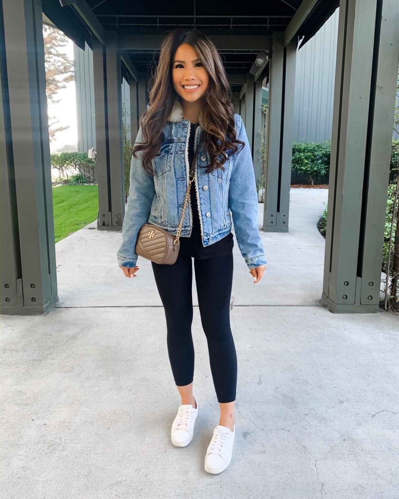 The Sherpa-Lined Denim Jacket + Leggings + White Sneakers