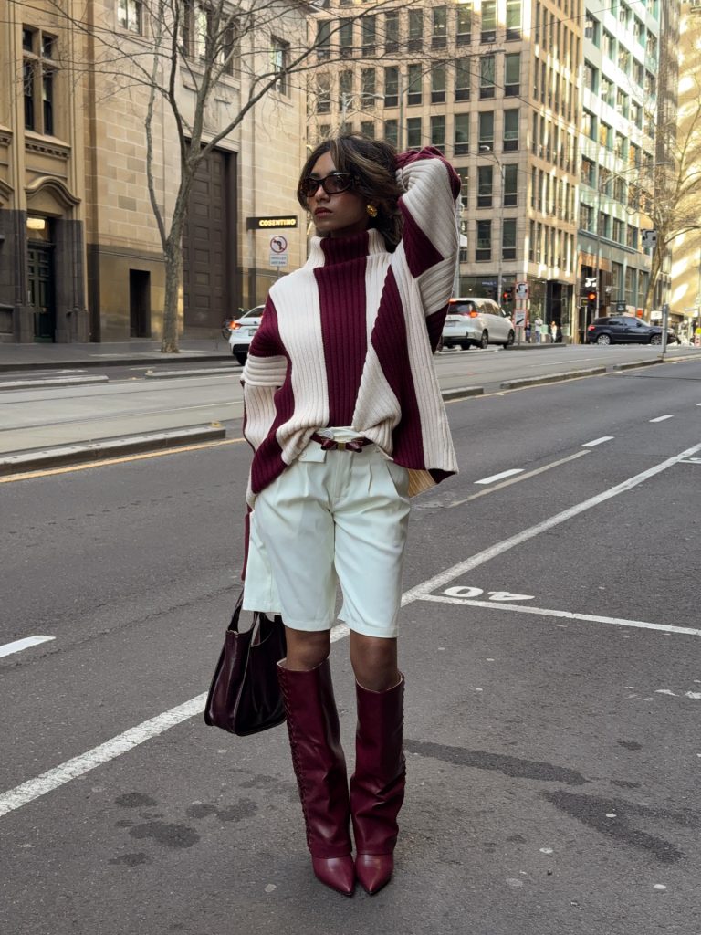Burgundy Striped Turtleneck + White Bermuda Shorts + Slouchy Tall Boots