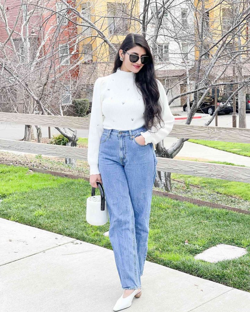 The Mock-Neck Embroidered Sweater + High-Waisted Denim + Pointed Flats