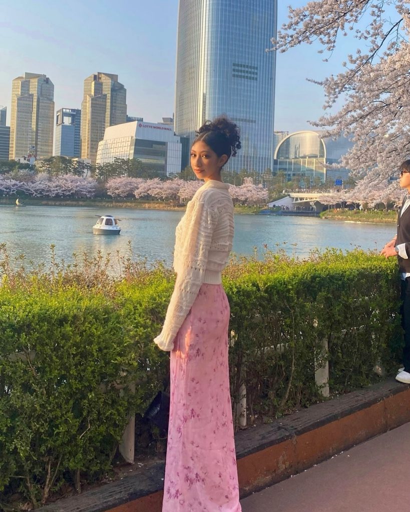  White Pointelle Cardigan + Pink Floral Maxi + Black Purse