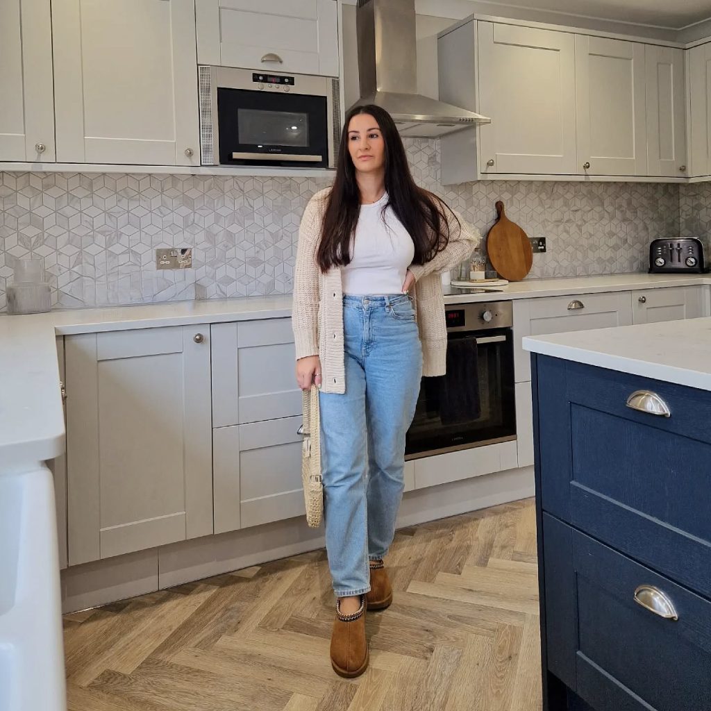 Cream Knit Cardigan + White Body Suit + Light Wash Jeans