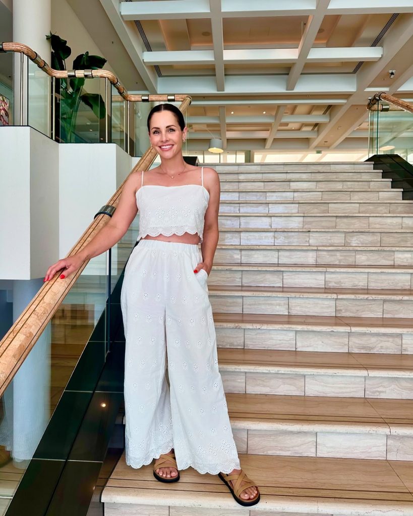 White Eyelet Top + Matching Wide-Leg Pants + Strappy Sandals