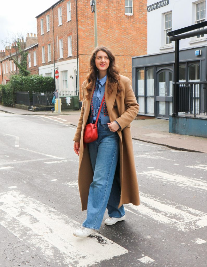 Camel Overcoat + Blue Layered Knitwear + Straight-Leg Denim