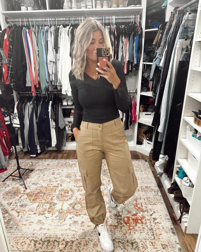 Black Long-Sleeve V-Neck + Tan Cargo Pants + White Sneakers