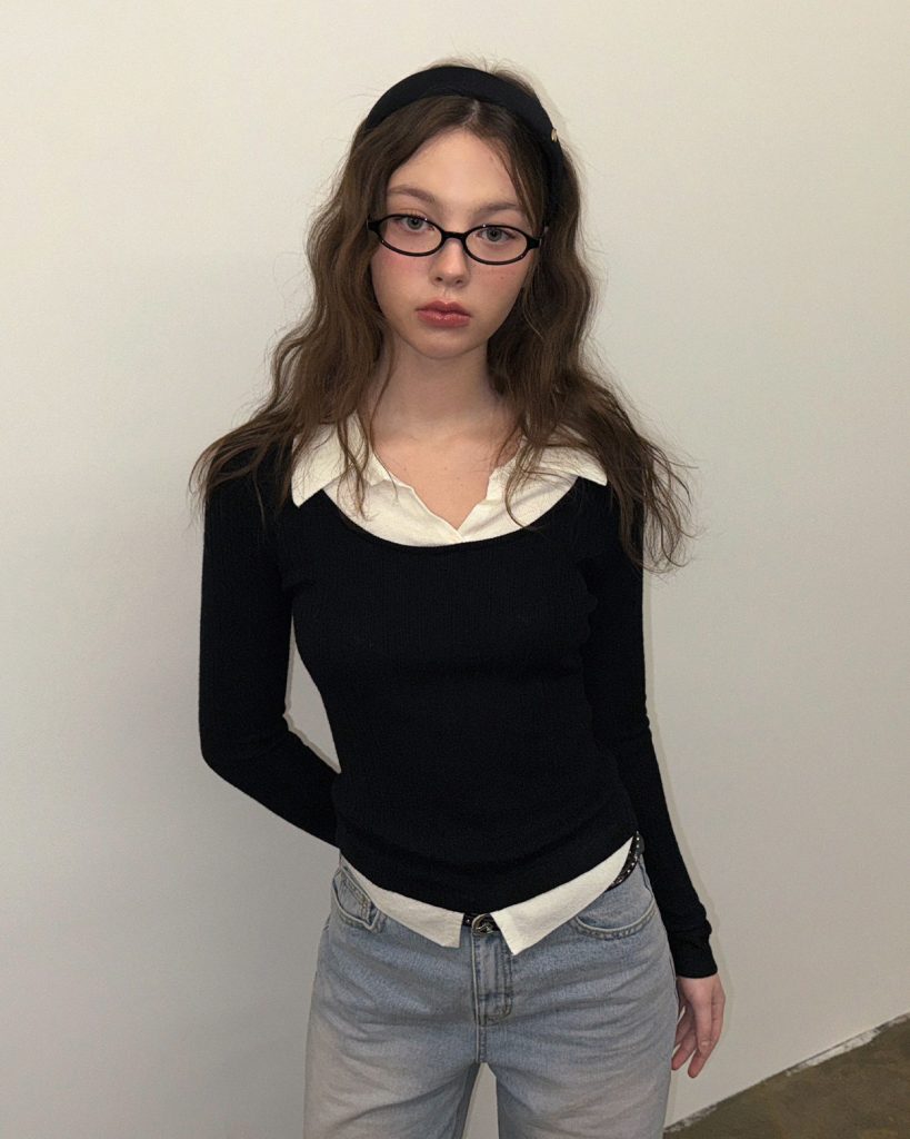  Black Scoop Neck Knit + White Collared Shirt + Light Blue Jeans