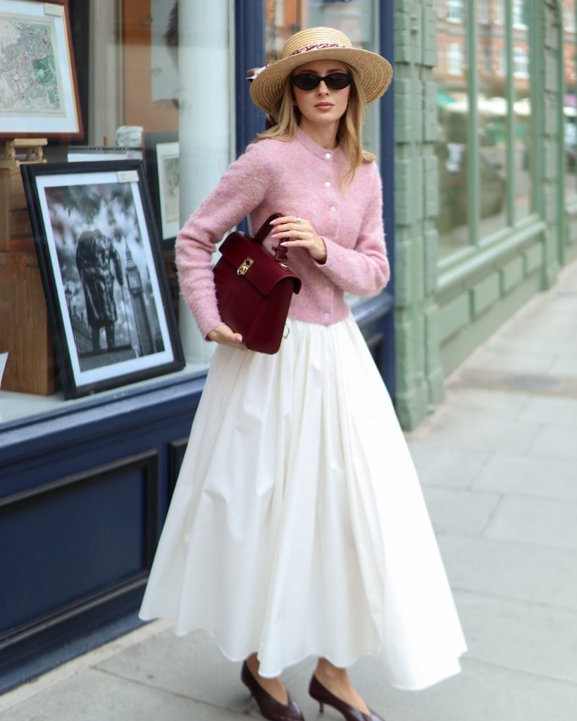 Pink Cardigan + Maxi Skirt + Straw Hat