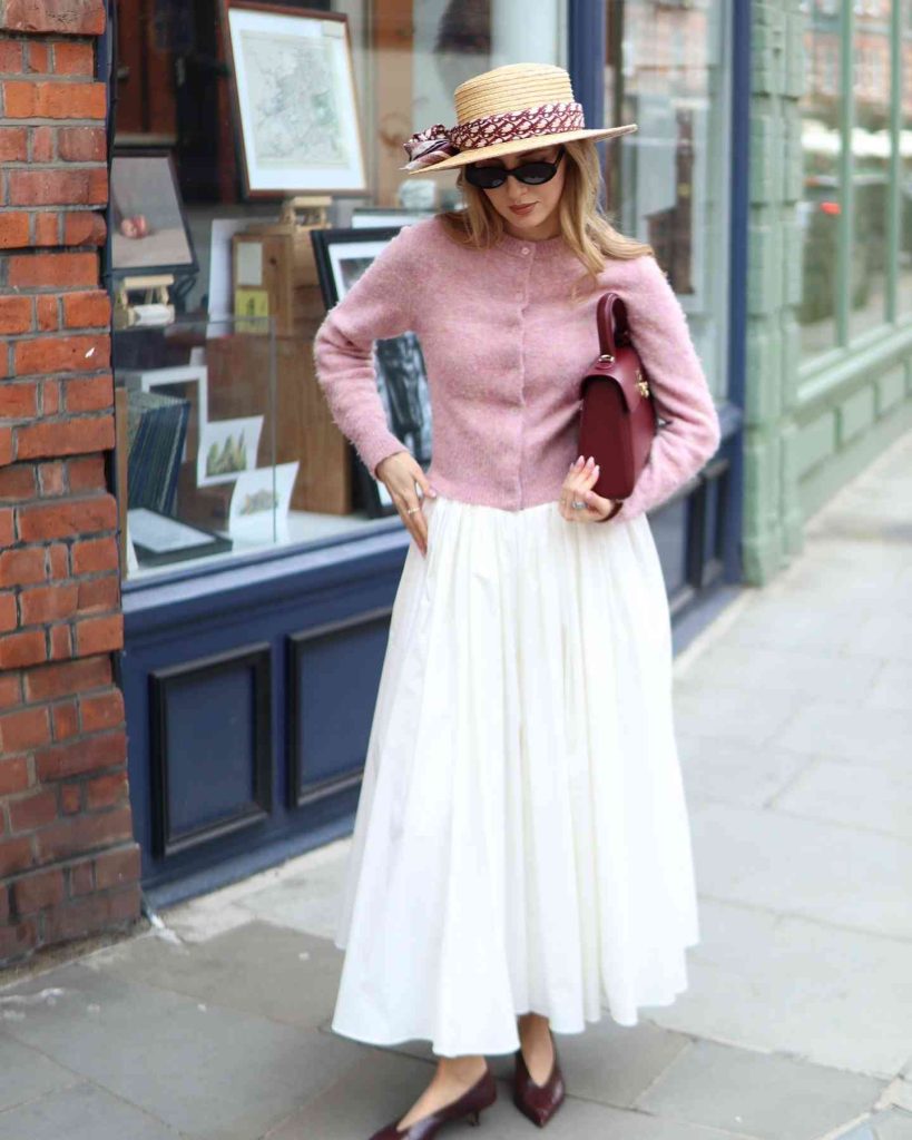 The Fuzzy Button-Up Cardigan + Voluminous Midi Skirt + Straw Boater Hat