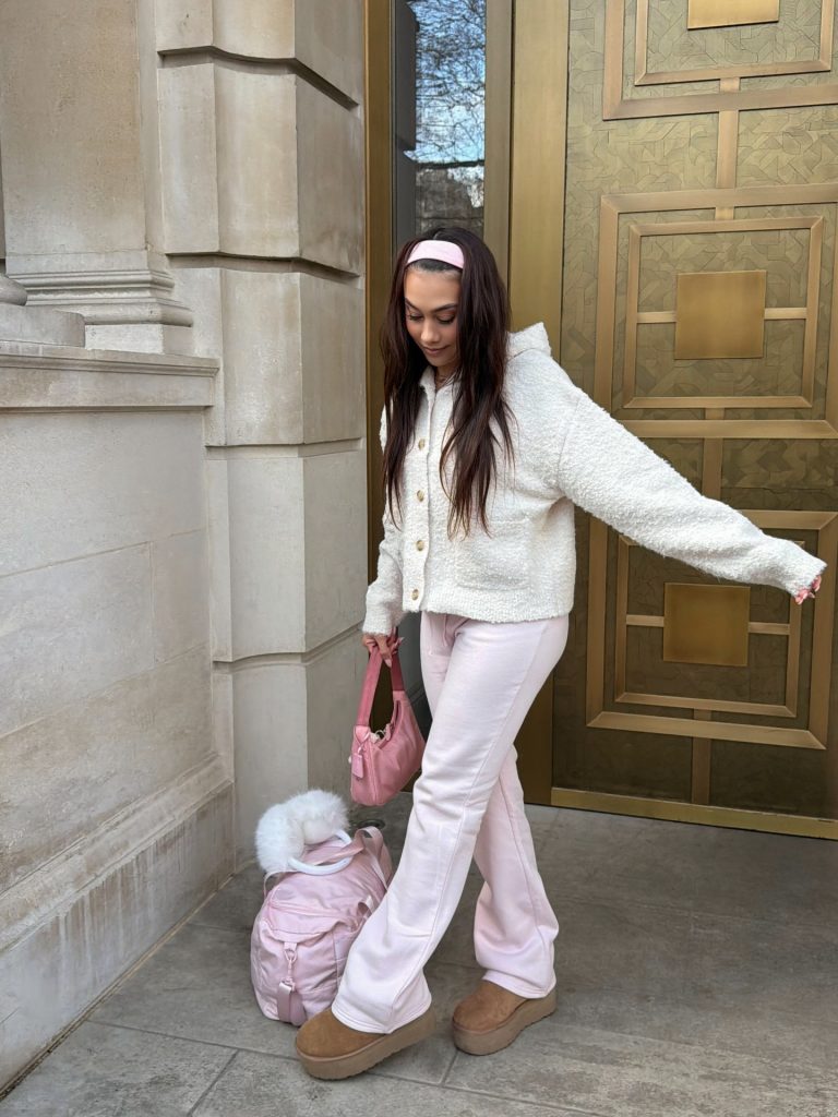 Cream Sherpa Jacket + Pale Pink Joggers