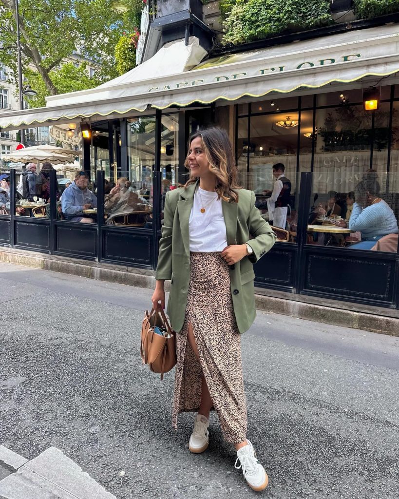 Olive Green Blazer + White T-shirt + Leopard Print Maxi Skirt