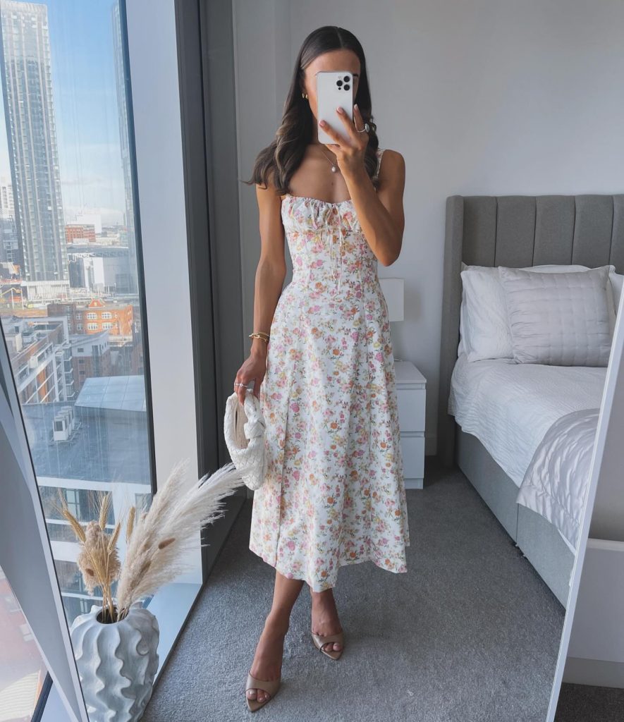 White Floral Dress + Corset-Style Bodice + Nude Mules