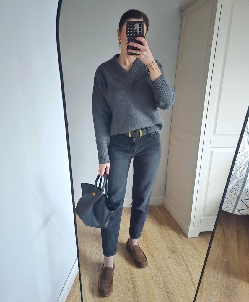 Charcoal V-Neck Sweater + Black Denim + Suede Loafers