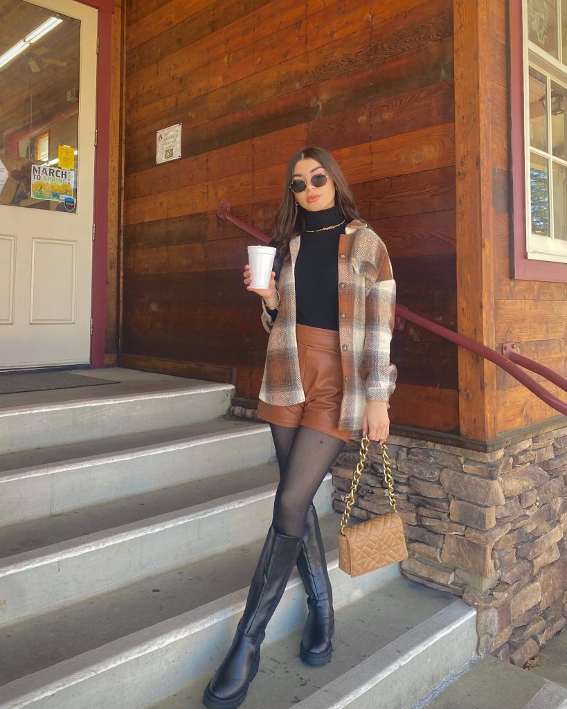  Plaid Shacket + Leather Shorts + Black Boots