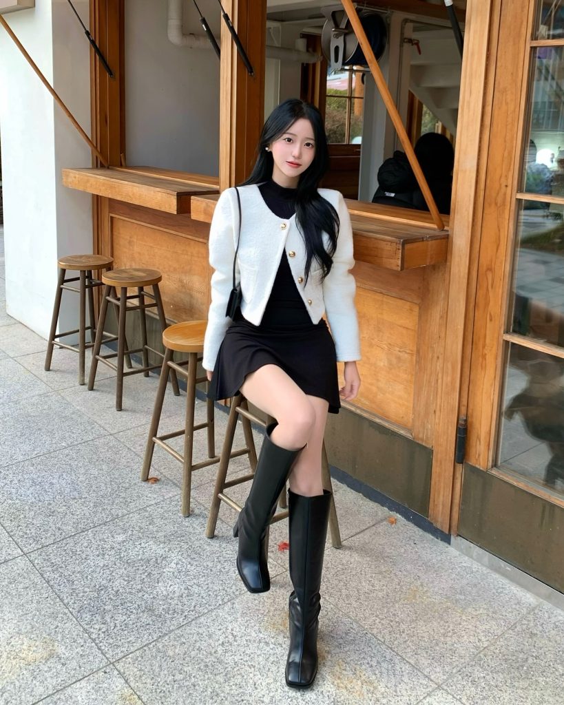 White Textured Bolero + Black Mini Dress + Black Knee-High Boots