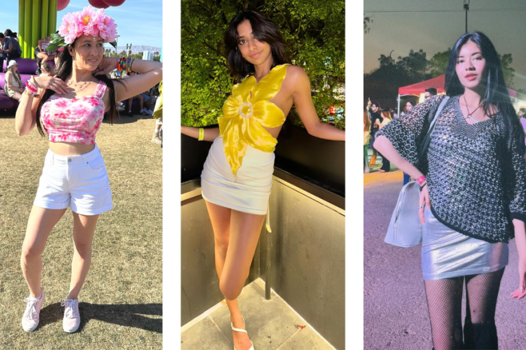 Black Open-Knit Sweater + Silver Metallic Skirt + Fishnet Tights