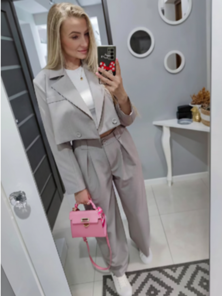 Grey Cropped Blazer + White Bodysuit + Wide-Leg Trousers