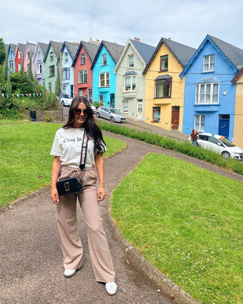 White Slogan Tee + Beige Drawstring Trousers + Crossbody Bag