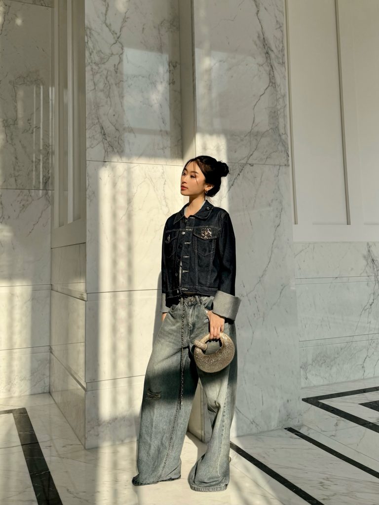 Dark Wash Denim Jacket + Baggy Distressed Jeans + Metallic Top-Handle Bag