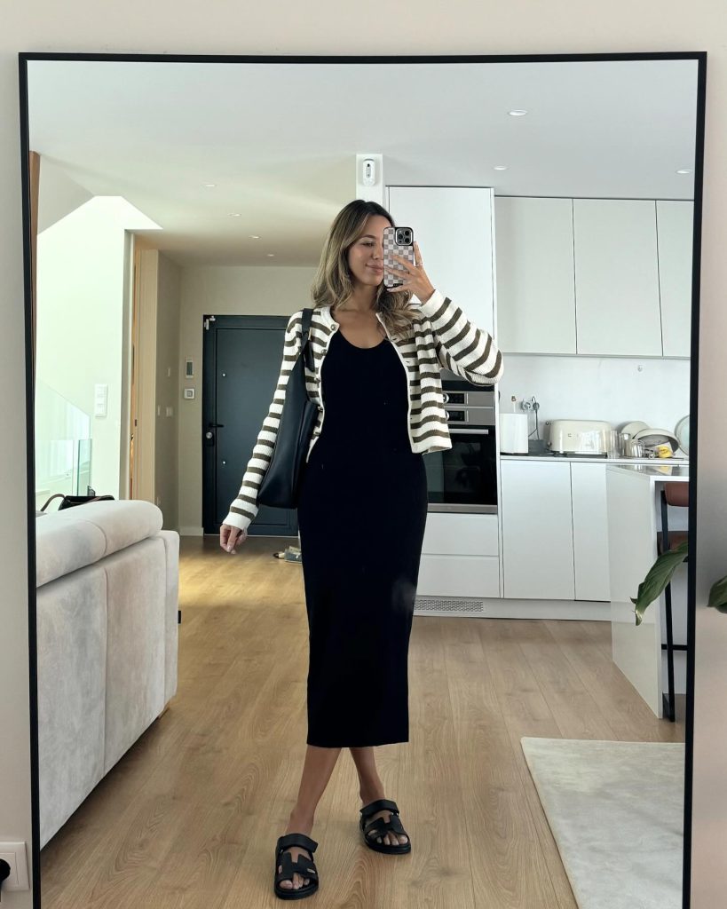 Black Bodycon Midi Dress + Striped Cardigan + Slide Sandals