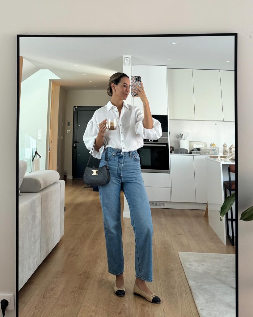 White Oversized Linen Shirt + Straight-leg Denim + Cap-toe Flats