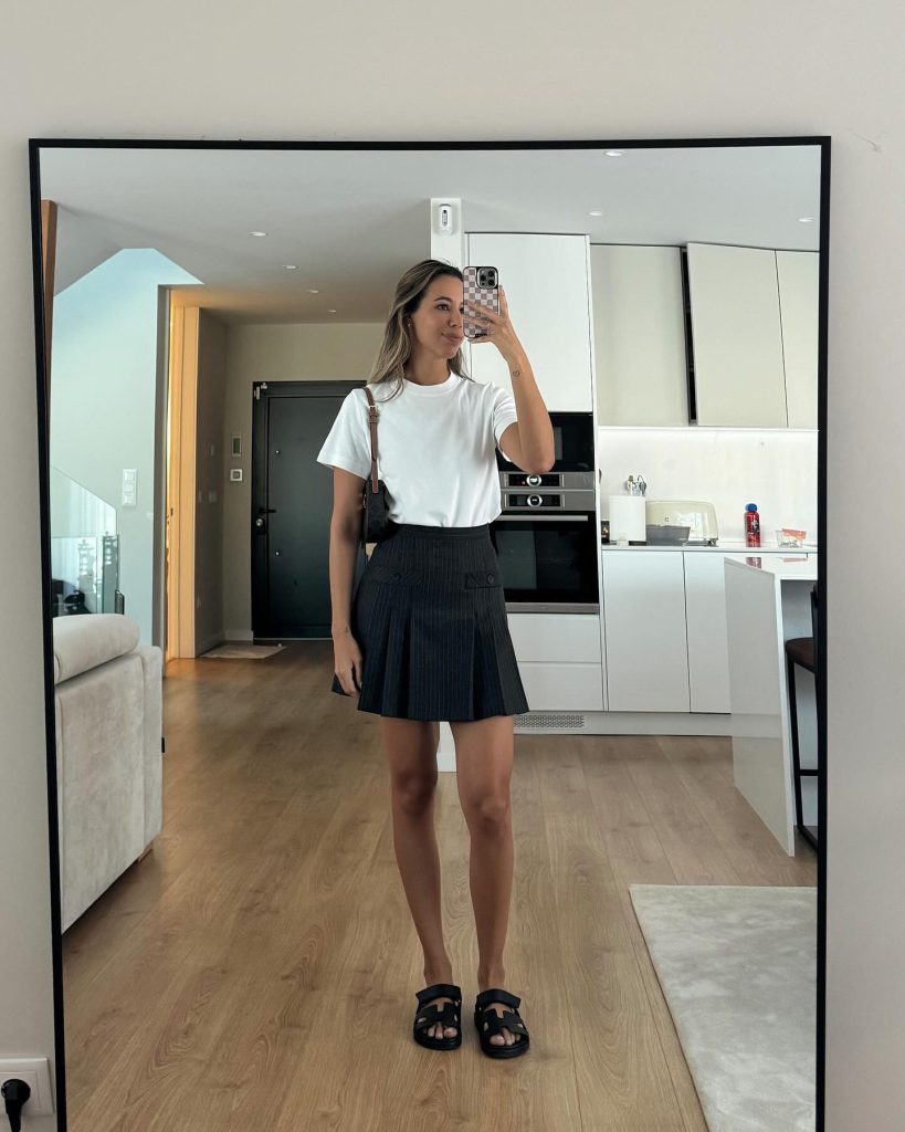 White Basic T-shirt + Pinstripe Pleated Skirt + Double-strap Sandals