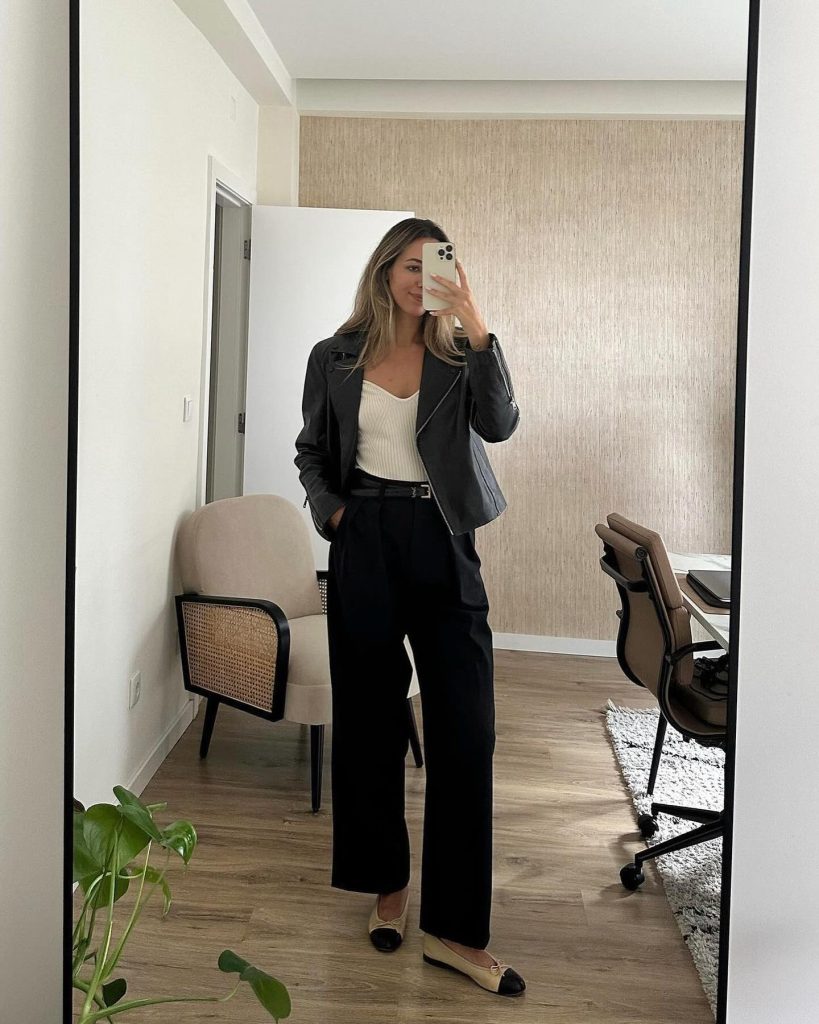 Black Leather Biker Jacket + White Sweetheart Bodysuit + Wide-leg Trousers