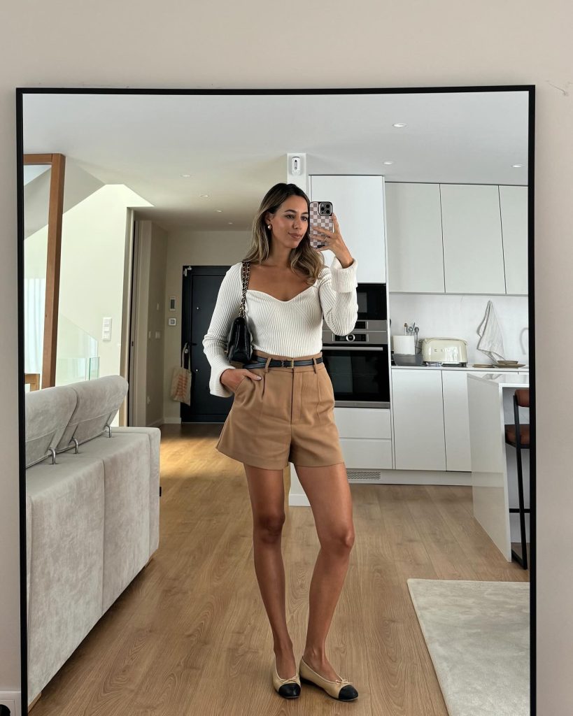 Cream Ribbed Bodysuit + Camel Tailored Shorts + Cap-toe Flats