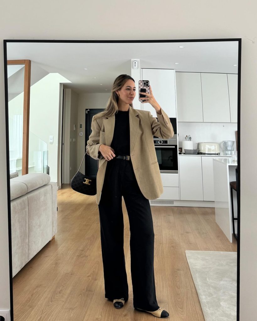 Tan Oversized Blazer + Black High-waisted Trousers + Pointed Flats
