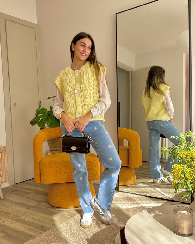 Yellow Knit Vest + Button-down Shirt + Daisy Print Jeans