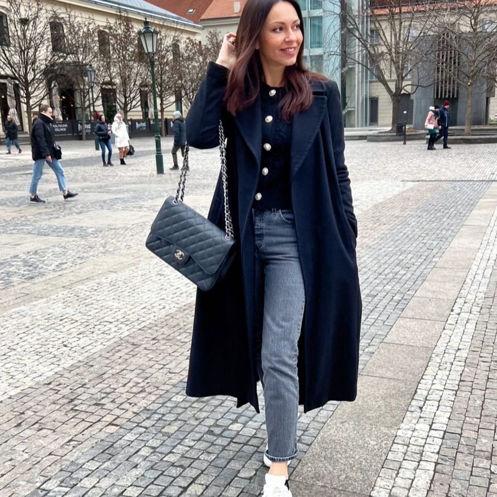 Black Long Coat + Buttoned Cardigan + Grey Jeans