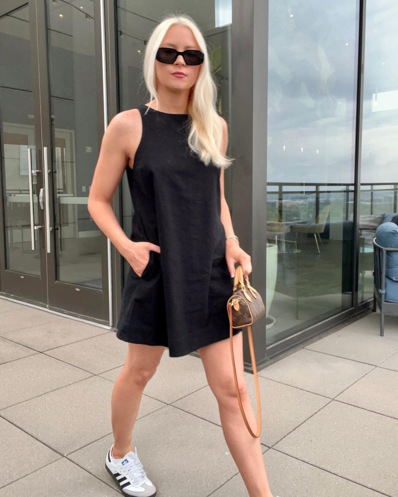 Black Sleeveless Minidress + White Sneakers