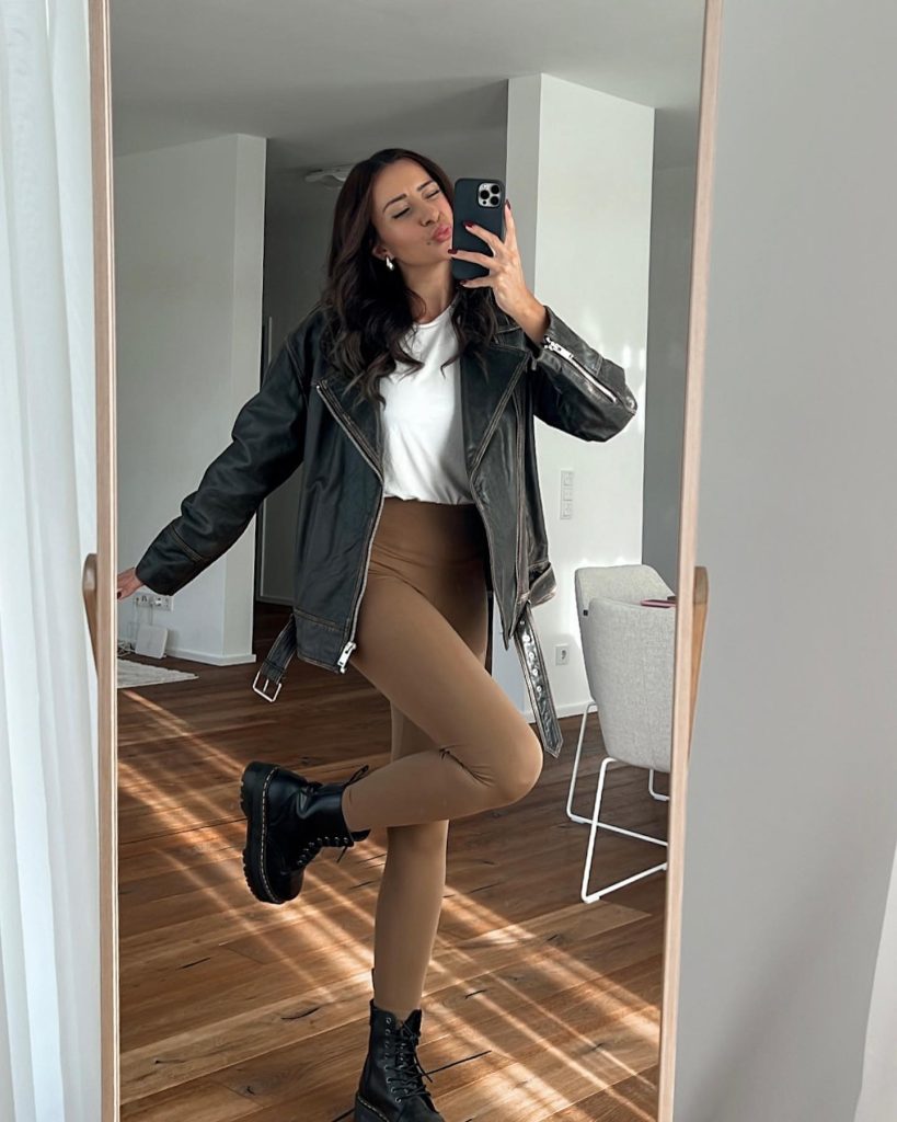  Distressed Black Leather Jacket + White Tee + Camel Leggings