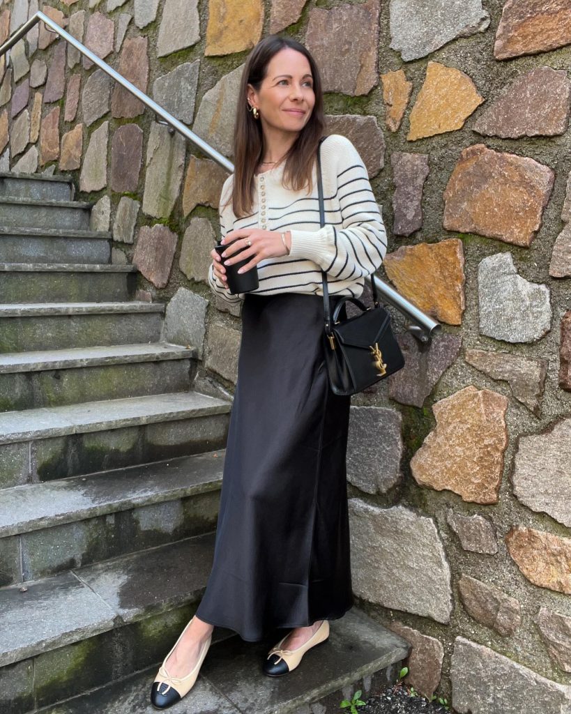 Cream Striped Sweater + Black Satin Midi Skirt + Two-Tone Flats