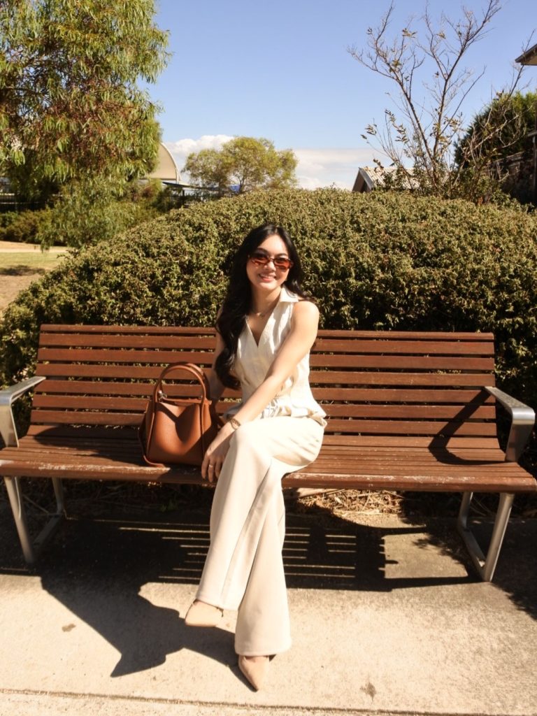 White Sleeveless Vest + Matching Trousers + Tan Pointed Flats