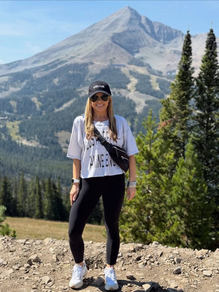 Grey Graphic Tee + Black Leggings + Baseball Cap