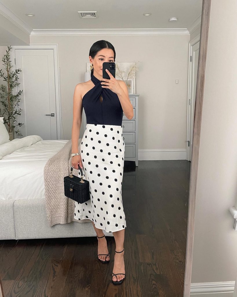 Navy Halter Top + Polka Dot Midi Skirt