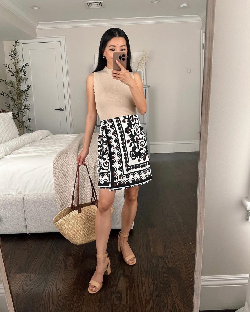 Beige Knit Tank + Patterned Wrap Skirt