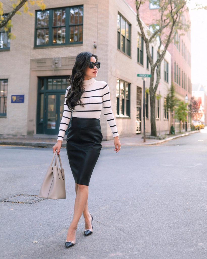 Striped Turtleneck Top + Black Leather Pencil Skirt + Two-tone Pumps