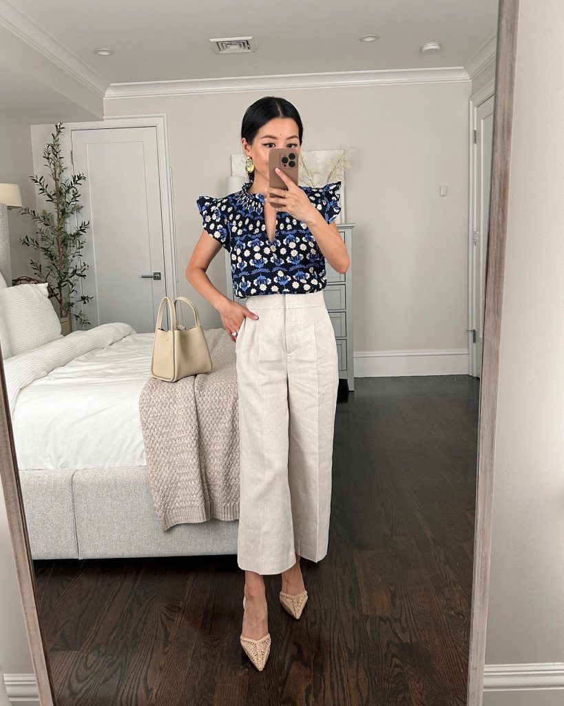 Floral Ruffle Blouse + White Cropped Trousers
