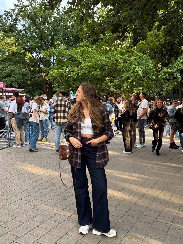Brown Plaid Flannel + White Crop Top + Dark Wash Denim
