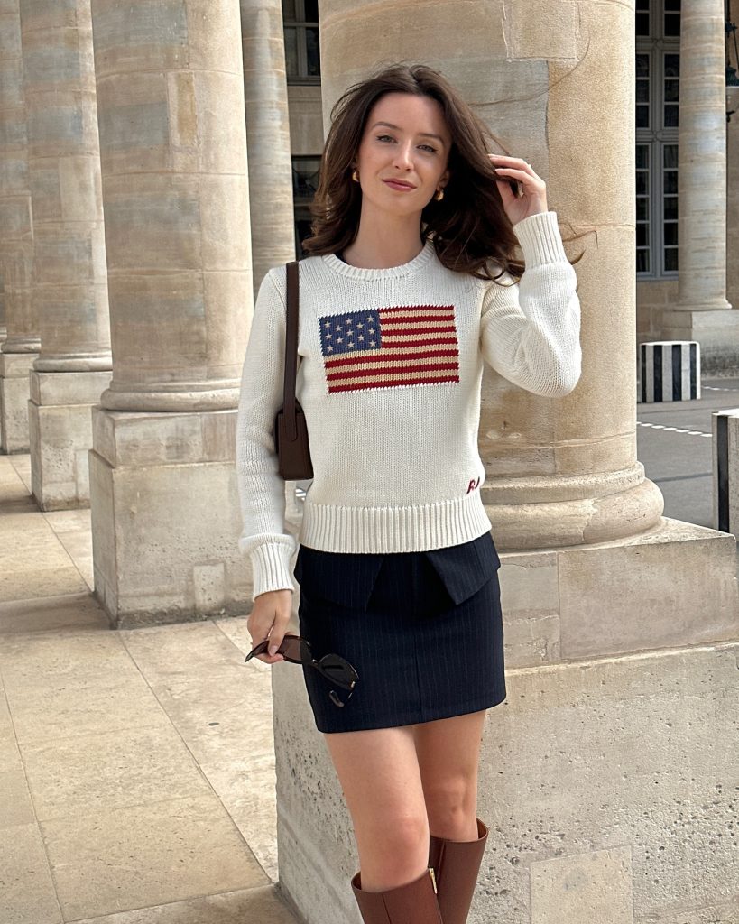 Cream Flag Sweater + Navy Pinstripe Miniskirt