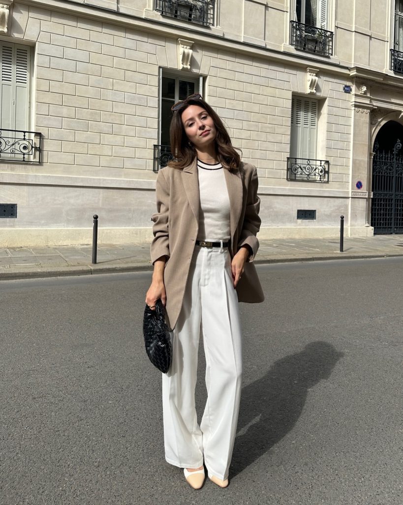 Tan Oversized Blazer + White Wide-Leg Pants