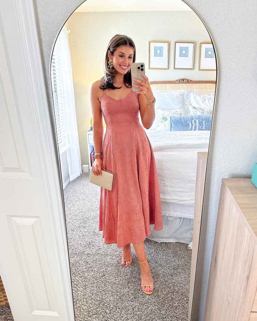 Dusty Rose Midi Dress + Gold Strappy Heels + Textured Clutch