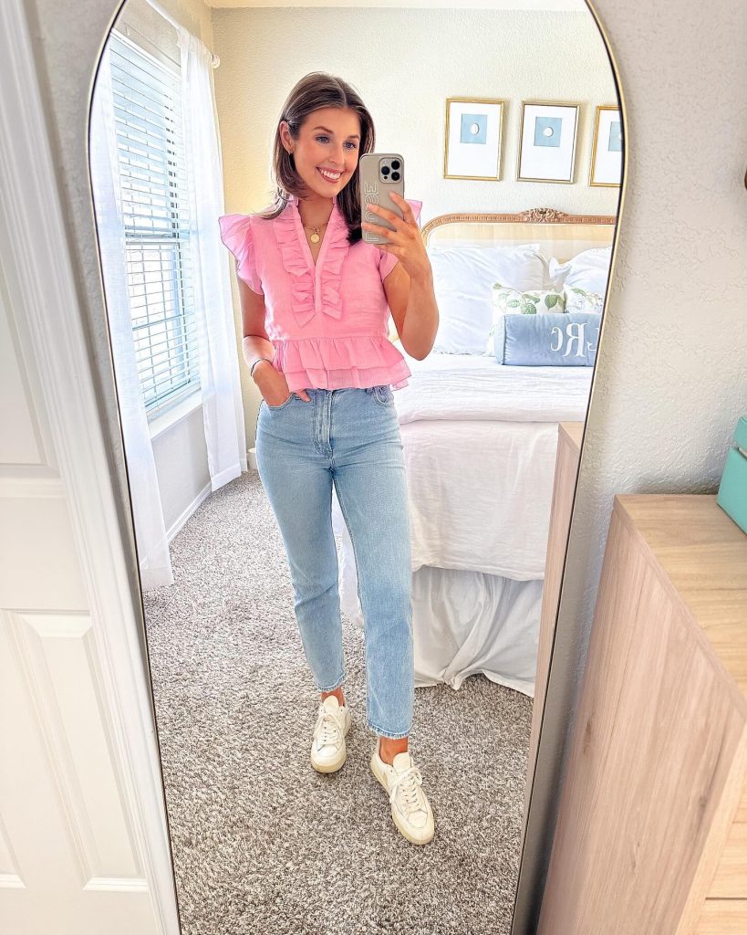 Pink Ruffle Top + Light Wash Jeans