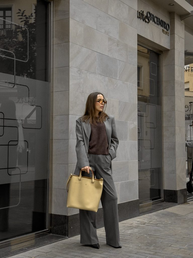 Grey Oversized Blazer + Brown Knit Sweater + Pinstripe Trousers