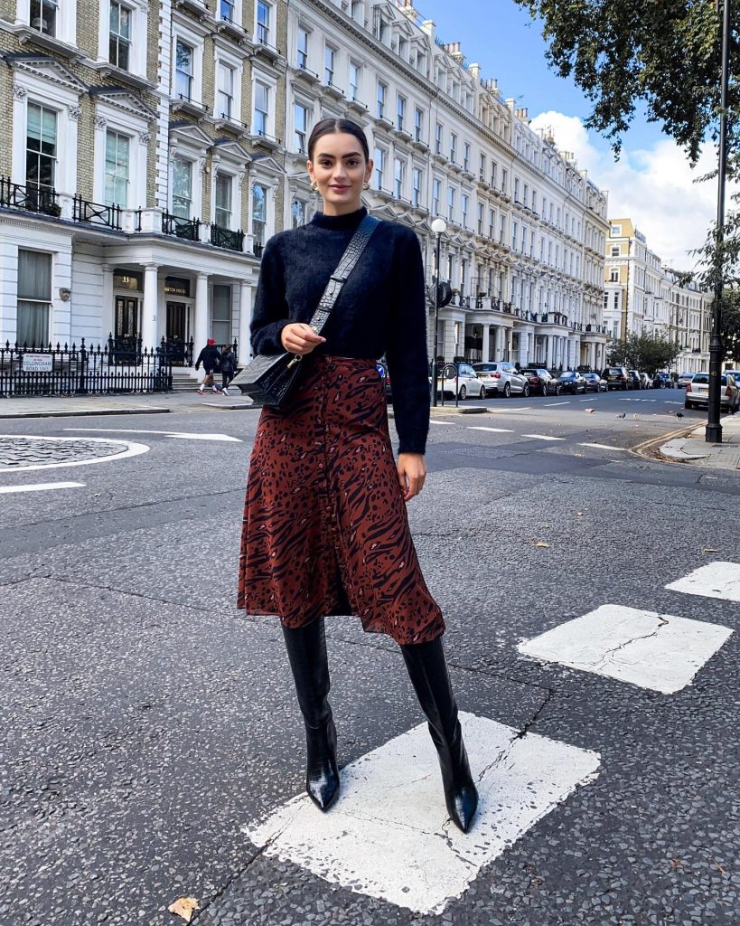 Black Fuzzy Knit + Animal Print Skirt + Knee-High Boots
