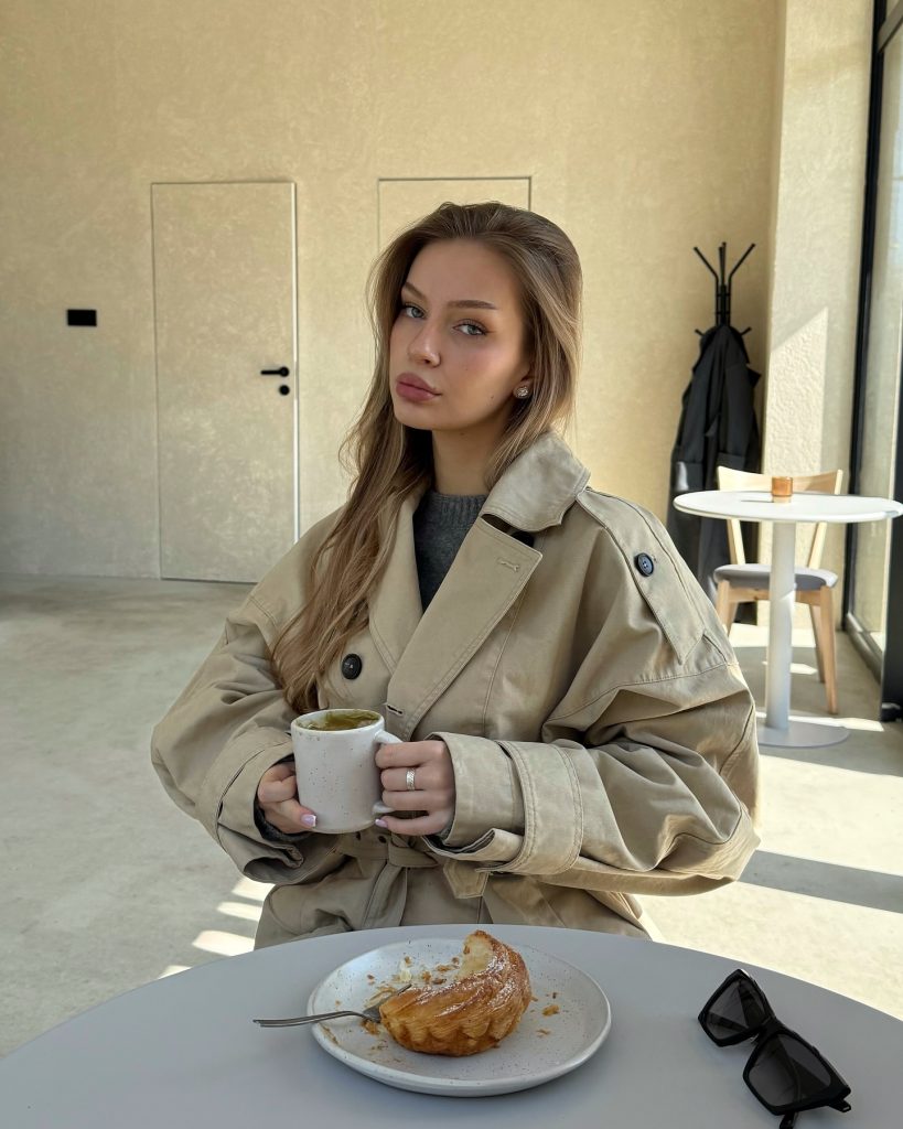  Beige Trench Coat + Grey Knit Top + Silver Ring