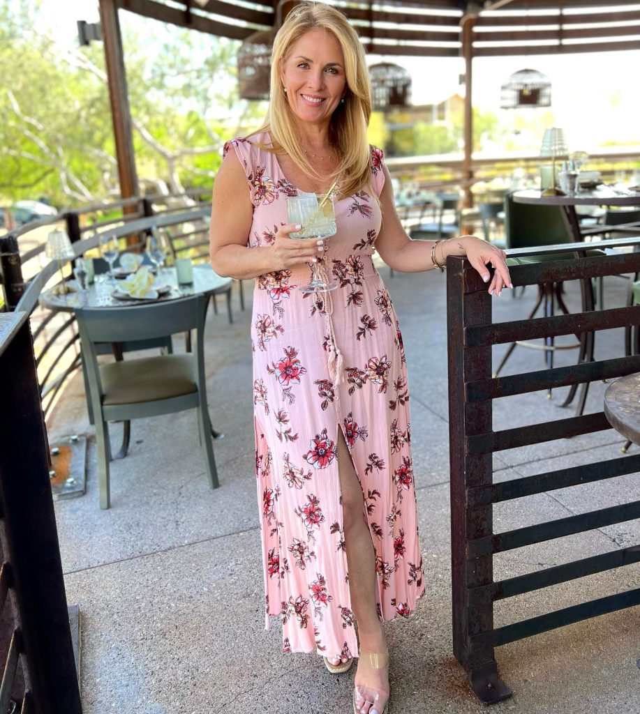 Pink Floral Maxi Dress + Front Slit + Clear Strap Sandals